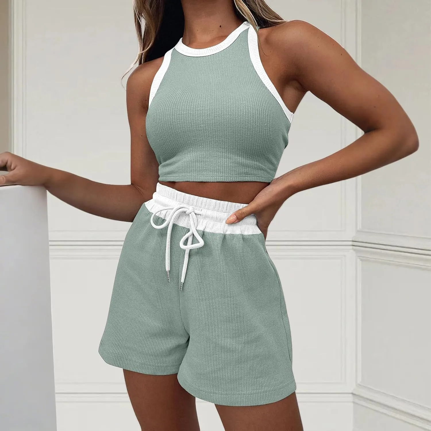 2 Piece Short Sets for Women Ribbed Knit Sleeveless Tank Top and Wide Leg Shorts Lounge Set Tracksuits
