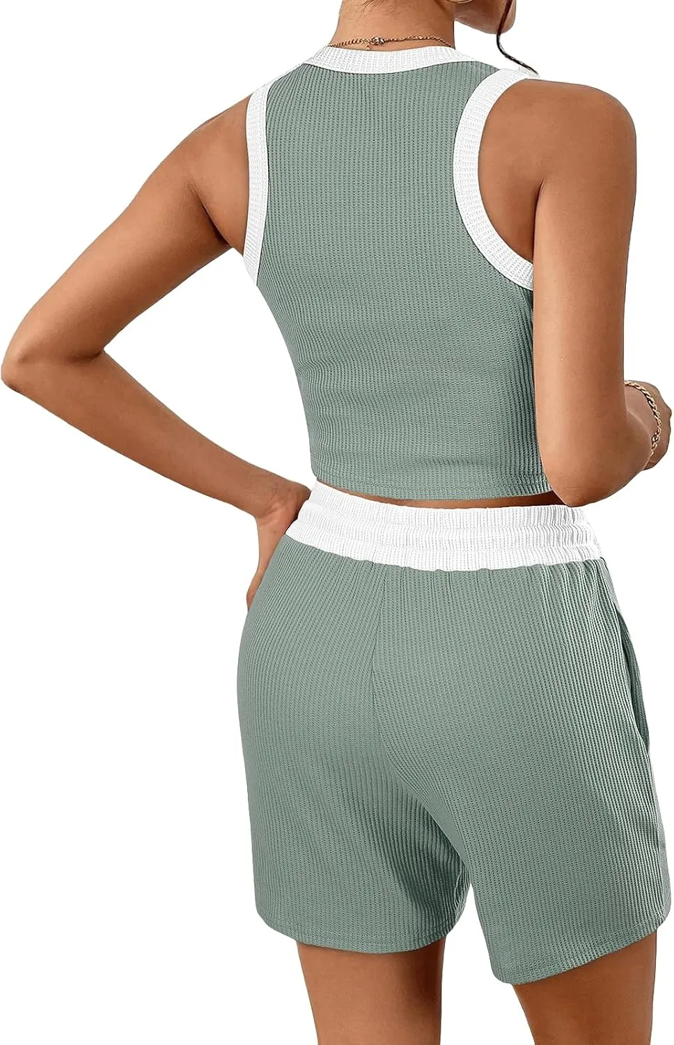 2 Piece Short Sets for Women Ribbed Knit Sleeveless Tank Top and Wide Leg Shorts Lounge Set Tracksuits