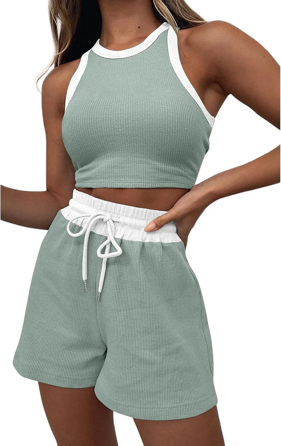 2 Piece Short Sets for Women Ribbed Knit Sleeveless Tank Top and Wide Leg Shorts Lounge Set Tracksuits