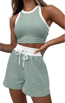 2 Piece Short Sets for Women Ribbed Knit Sleeveless Tank Top and Wide Leg Shorts Lounge Set Tracksuits