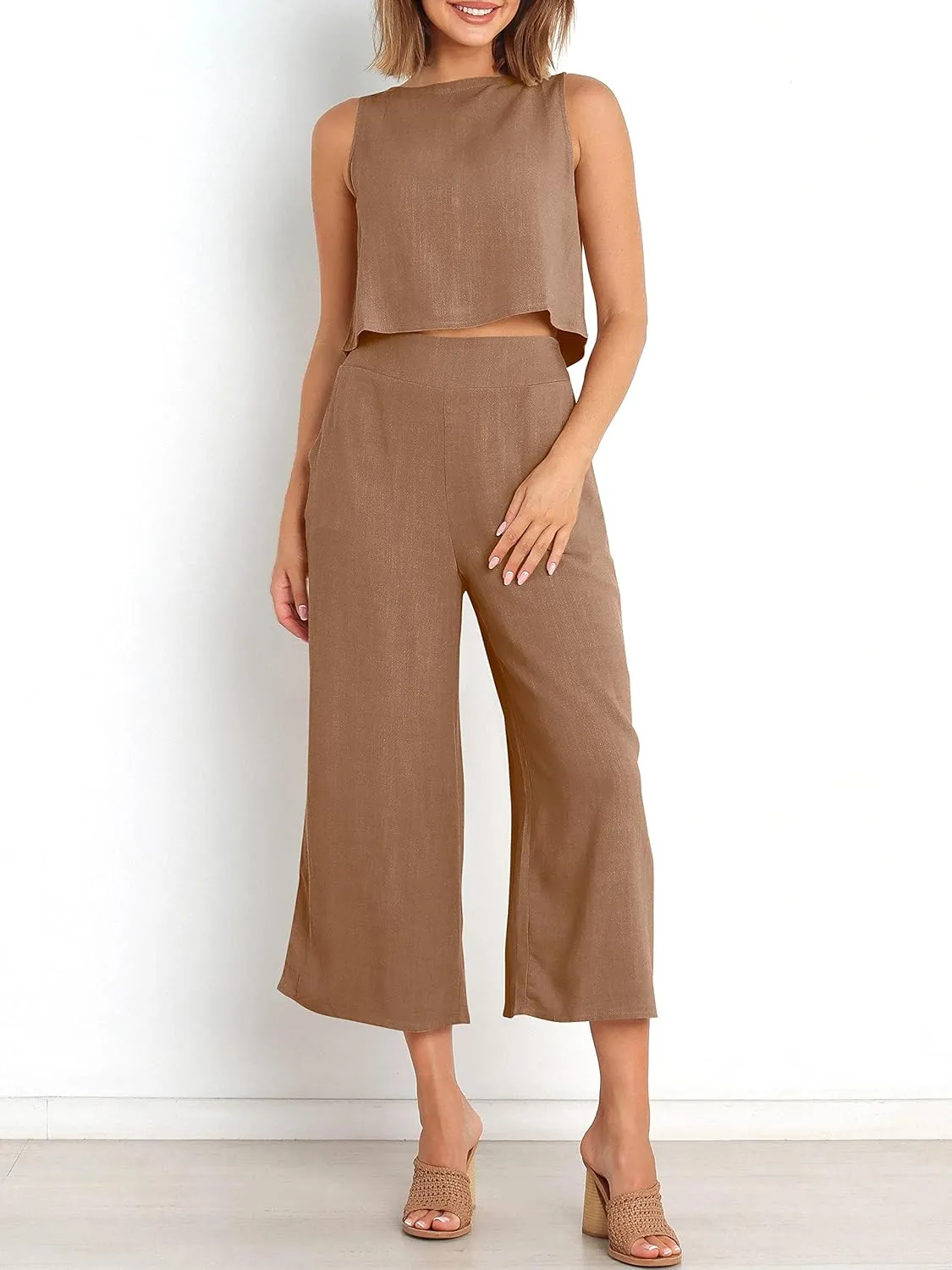 ANRABESS Women's Summer 2 Piece Outfits Sleeveless Crop Top Capri Wide Leg Pants Jumpsuit Linen Lounge Beach Travel Sets