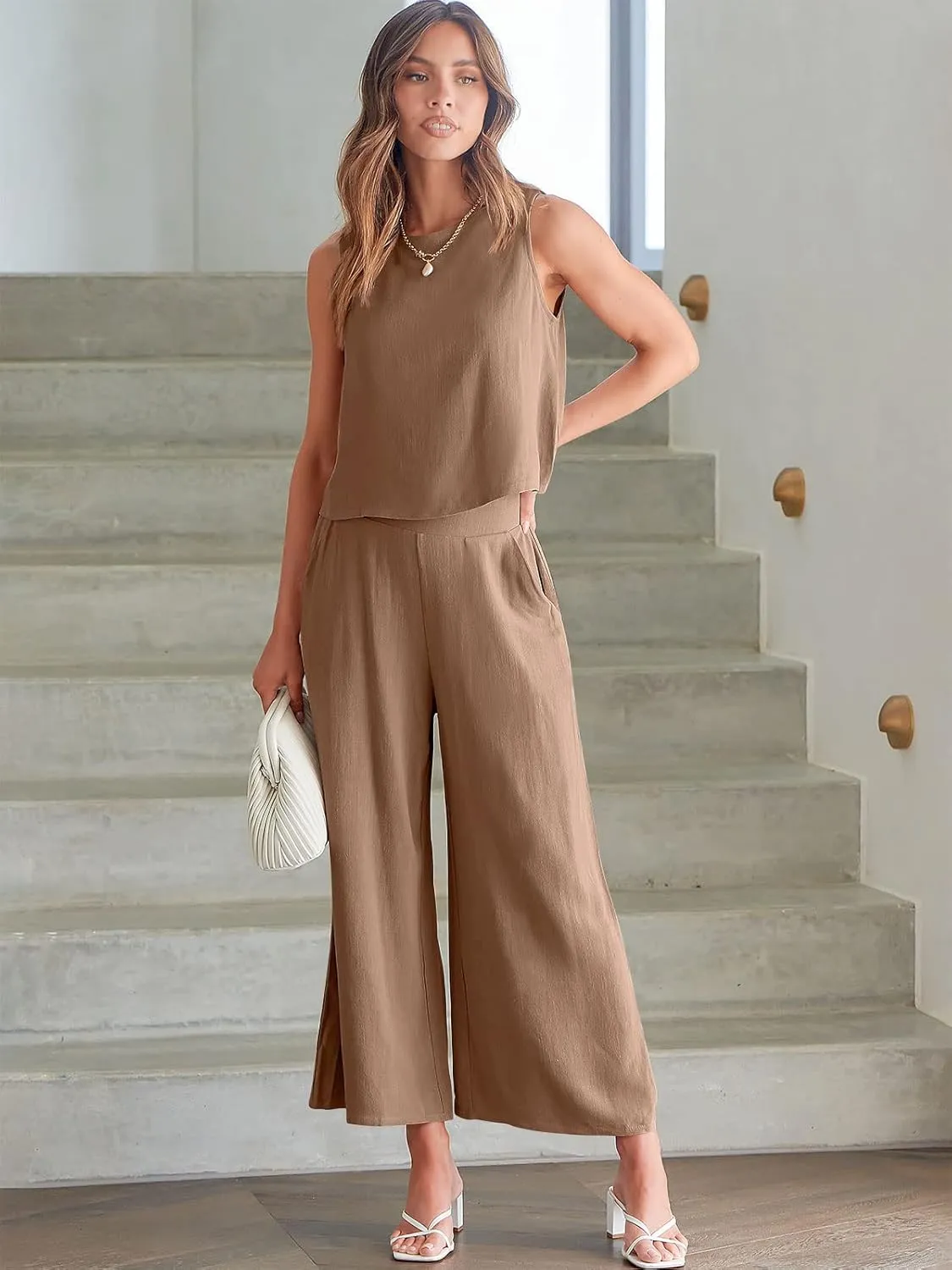 ANRABESS Women's Summer 2 Piece Outfits Sleeveless Crop Top Capri Wide Leg Pants Jumpsuit Linen Lounge Beach Travel Sets