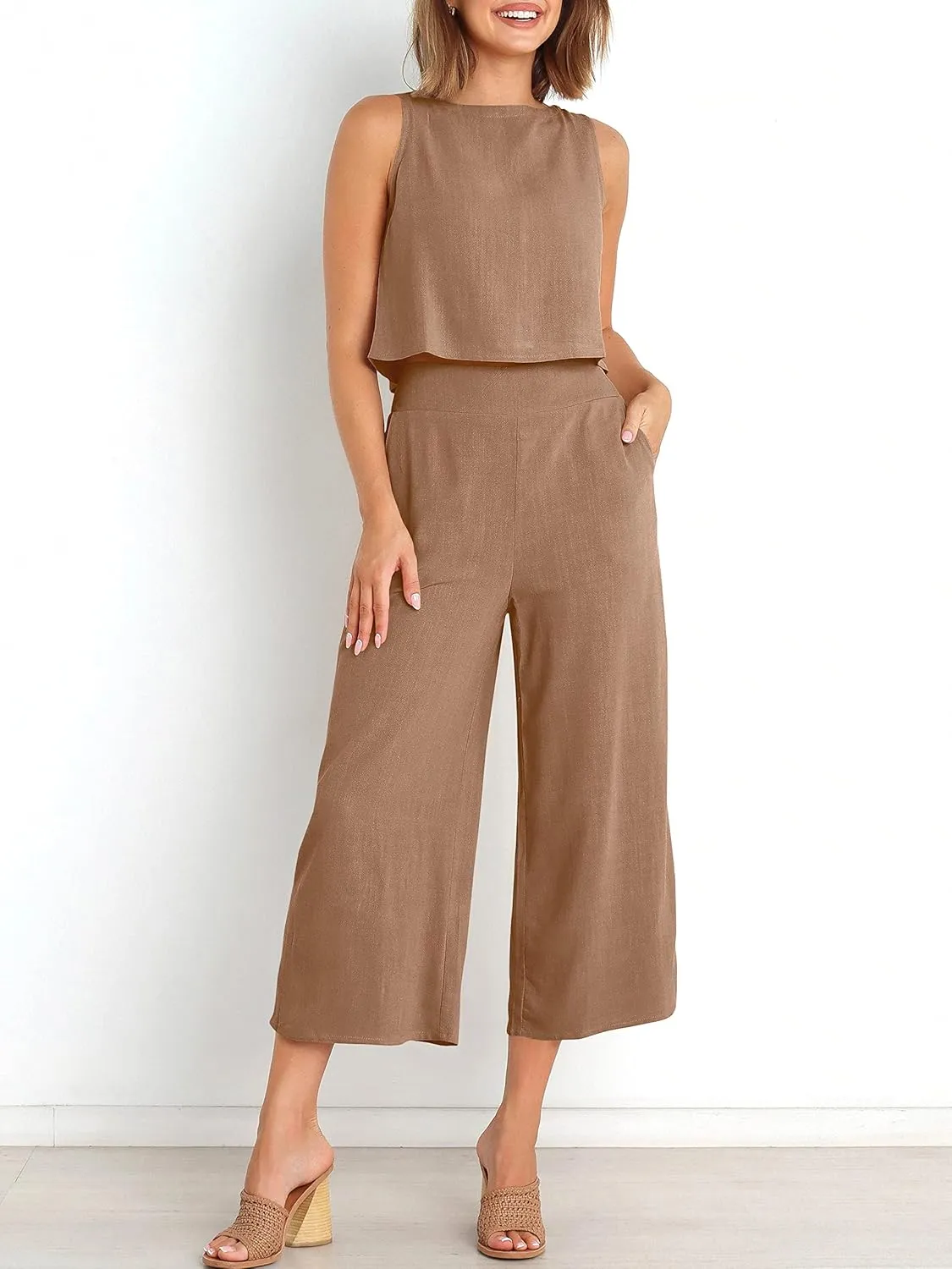 ANRABESS Women's Summer 2 Piece Outfits Sleeveless Crop Top Capri Wide Leg Pants Jumpsuit Linen Lounge Beach Travel Sets
