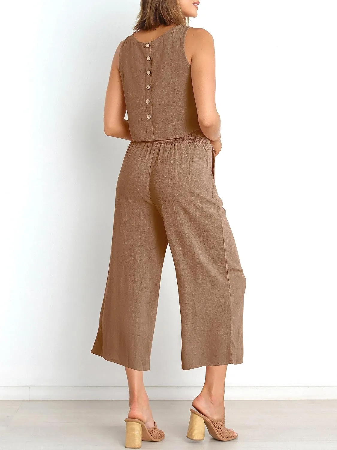 ANRABESS Women's Summer 2 Piece Outfits Sleeveless Crop Top Capri Wide Leg Pants Jumpsuit Linen Lounge Beach Travel Sets