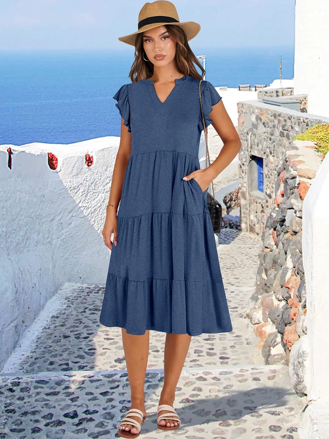 ANRABESS Womens Summer Dress Ruffle Sleeve V Neck Midi Dresses Fashion Casual Fit Flowy Tiered Boho Beach Vacation Sundress