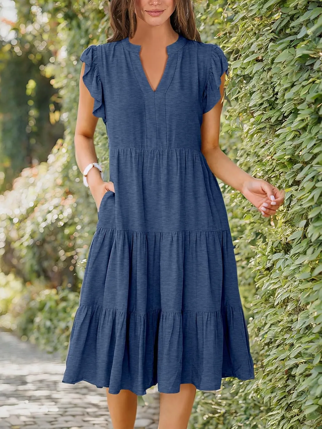 ANRABESS Womens Summer Dress Ruffle Sleeve V Neck Midi Dresses Fashion Casual Fit Flowy Tiered Boho Beach Vacation Sundress