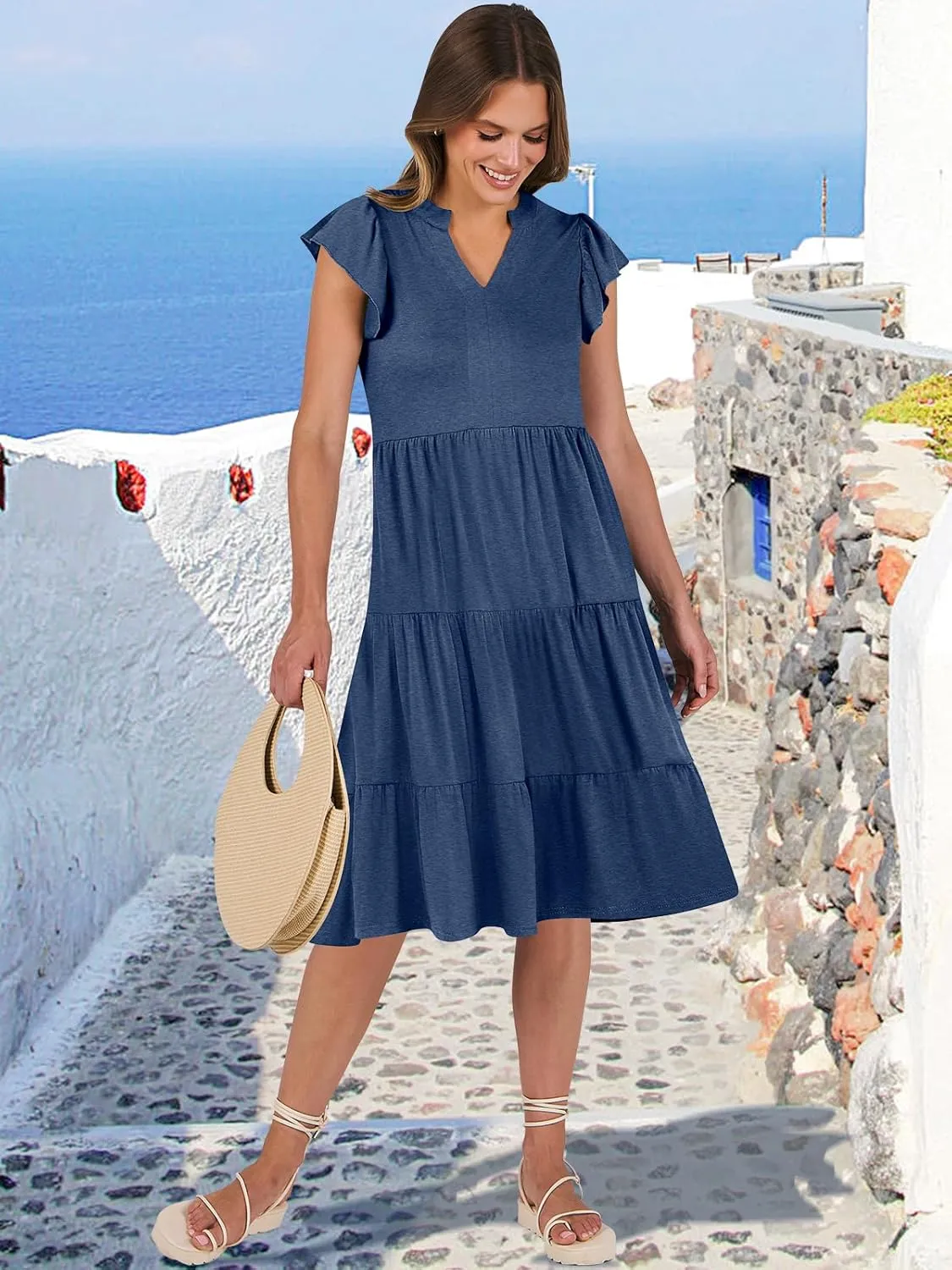 ANRABESS Womens Summer Dress Ruffle Sleeve V Neck Midi Dresses Fashion Casual Fit Flowy Tiered Boho Beach Vacation Sundress