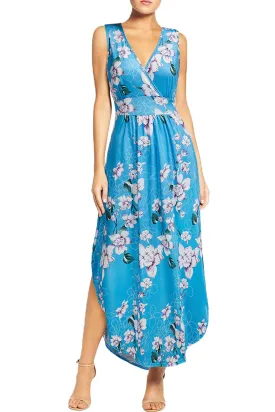 Blue Floral White Women Sleeveless Deep V Neck Pocket Loose Long Dress Split Maxi Casual Dresses - WOOSEA