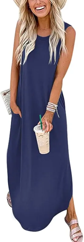 Blue Women's Casual Loose Long Sleeveless Sundress with Pockets - ANRABESS