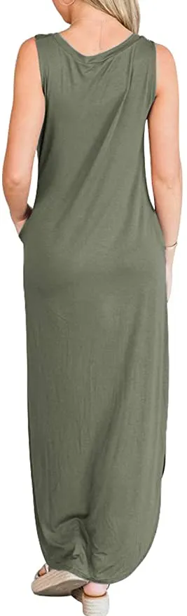 Blue Women's Casual Loose Long Sleeveless Sundress with Pockets - ANRABESS