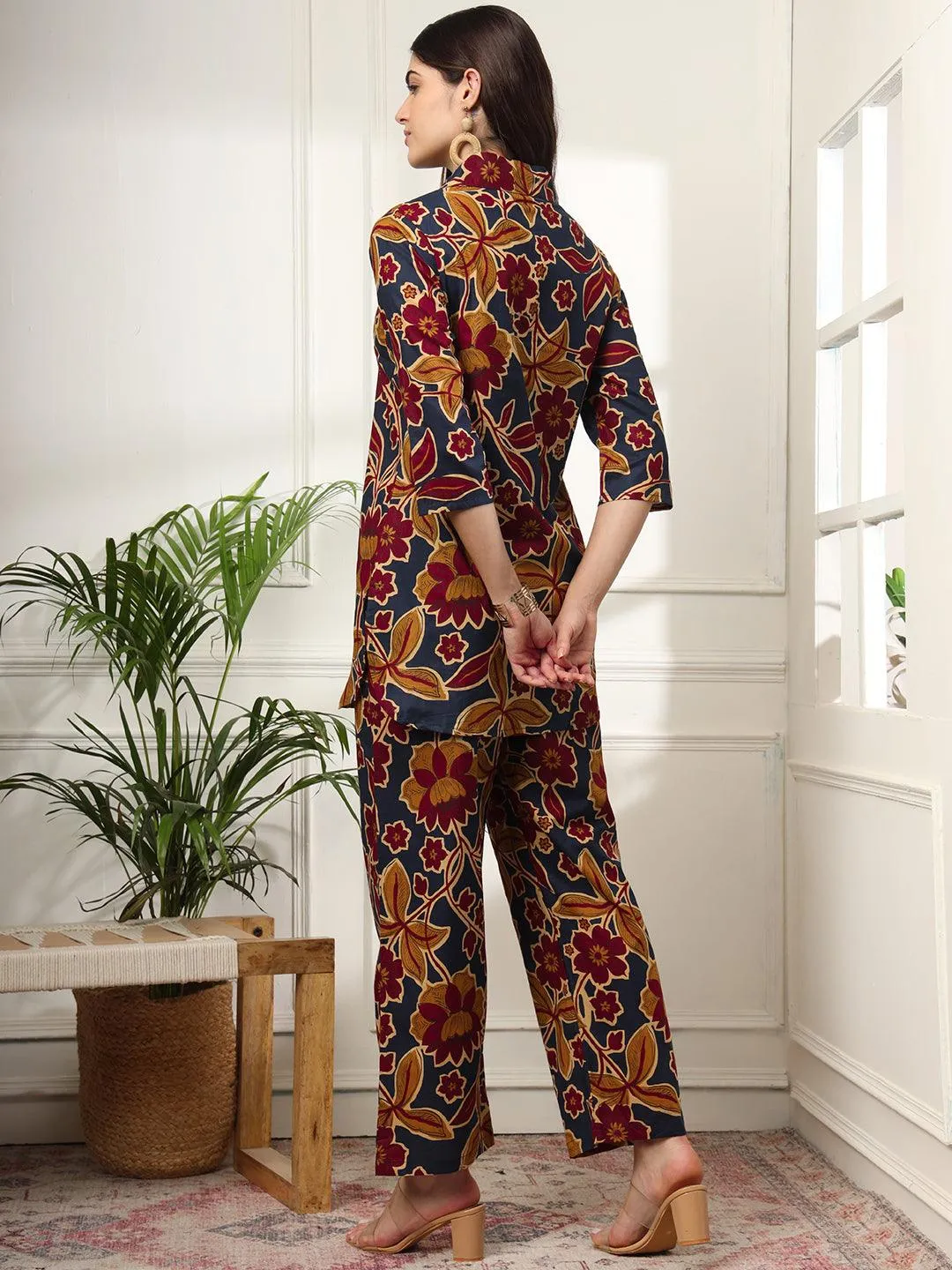 Ekisha's women dark blue multicolor floral printed cotton co-ord set lounge wear