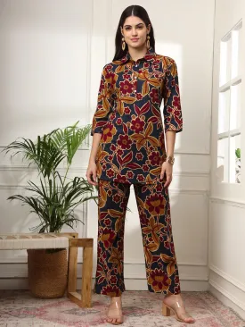 Ekisha's women dark blue multicolor floral printed cotton co-ord set lounge wear