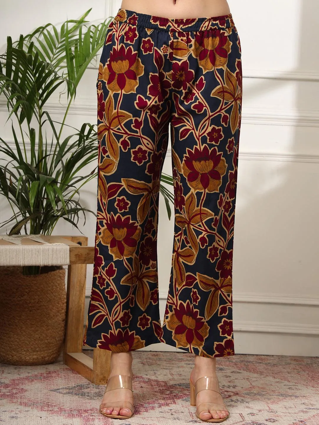 Ekisha's women dark blue multicolor floral printed cotton co-ord set lounge wear