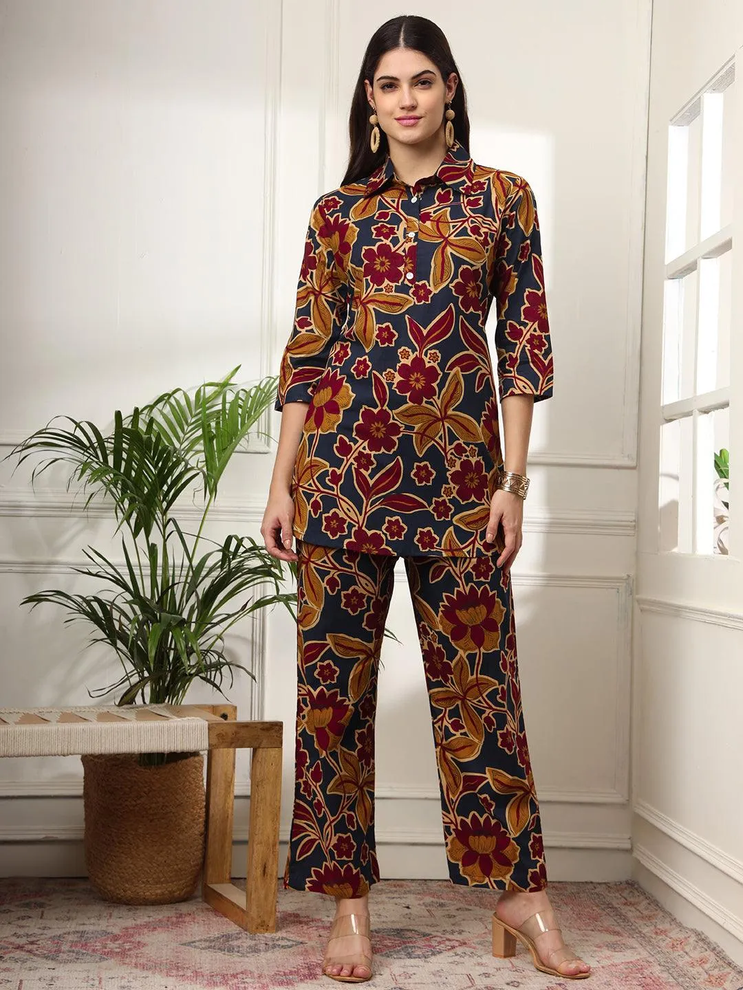 Ekisha's women dark blue multicolor floral printed cotton co-ord set lounge wear