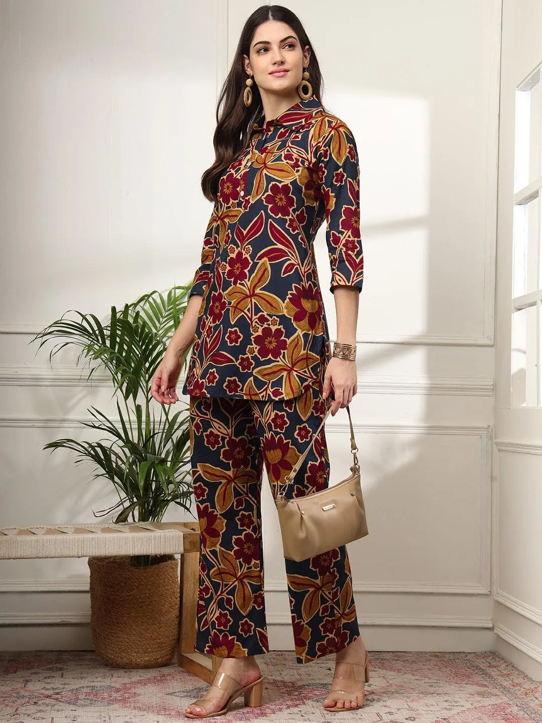 Ekisha's women dark blue multicolor floral printed cotton co-ord set lounge wear