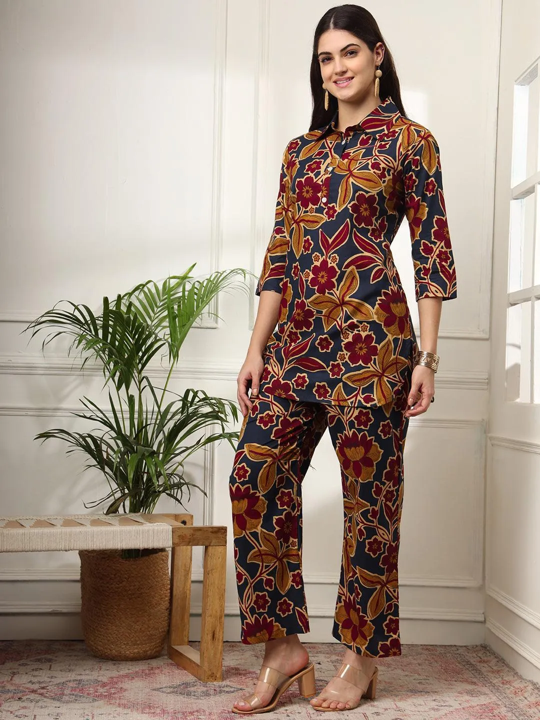 Ekisha's women dark blue multicolor floral printed cotton co-ord set lounge wear