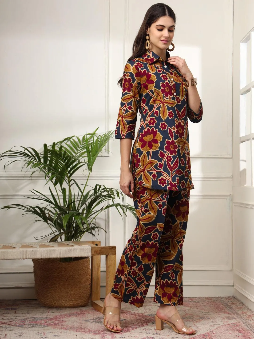 Ekisha's women dark blue multicolor floral printed cotton co-ord set lounge wear