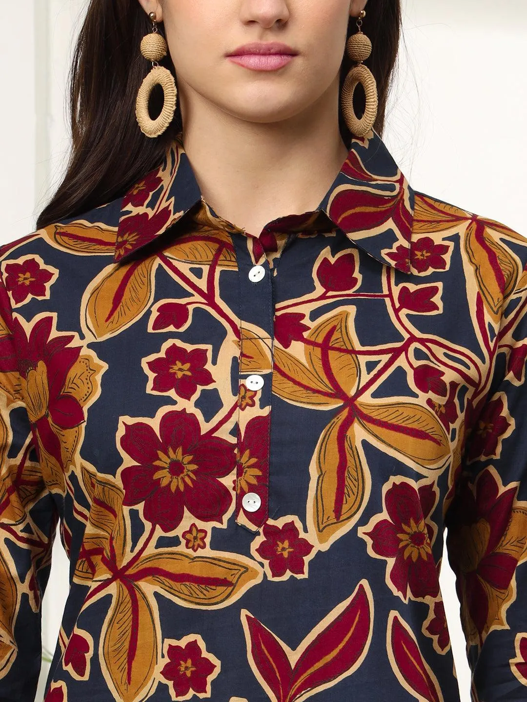 Ekisha's women dark blue multicolor floral printed cotton co-ord set lounge wear