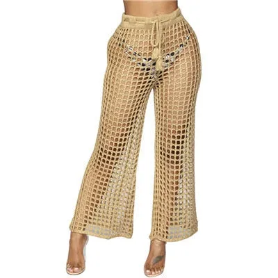 FashionSierra - Women Beach Flare Pants Solid Knitted Hollow Out Fishnet Wide Leg Pants