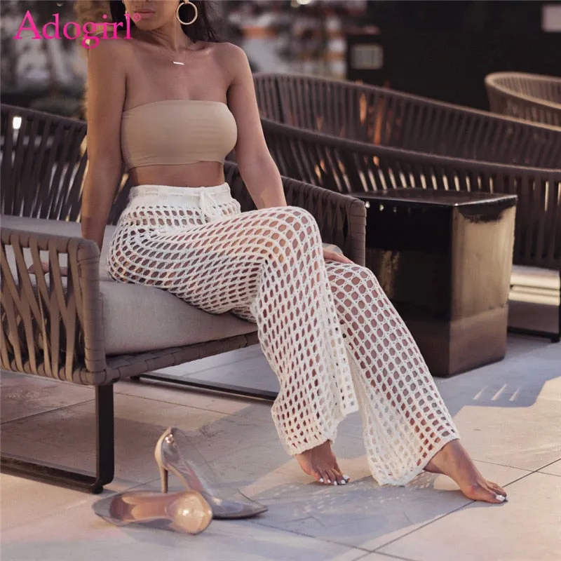 FashionSierra - Women Beach Flare Pants Solid Knitted Hollow Out Fishnet Wide Leg Pants