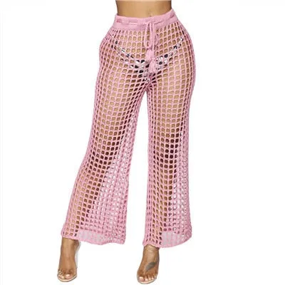 FashionSierra - Women Beach Flare Pants Solid Knitted Hollow Out Fishnet Wide Leg Pants