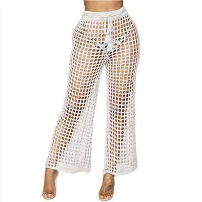 FashionSierra - Women Beach Flare Pants Solid Knitted Hollow Out Fishnet Wide Leg Pants