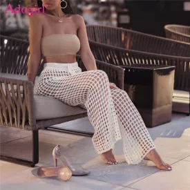 FashionSierra - Women Beach Flare Pants Solid Knitted Hollow Out Fishnet Wide Leg Pants