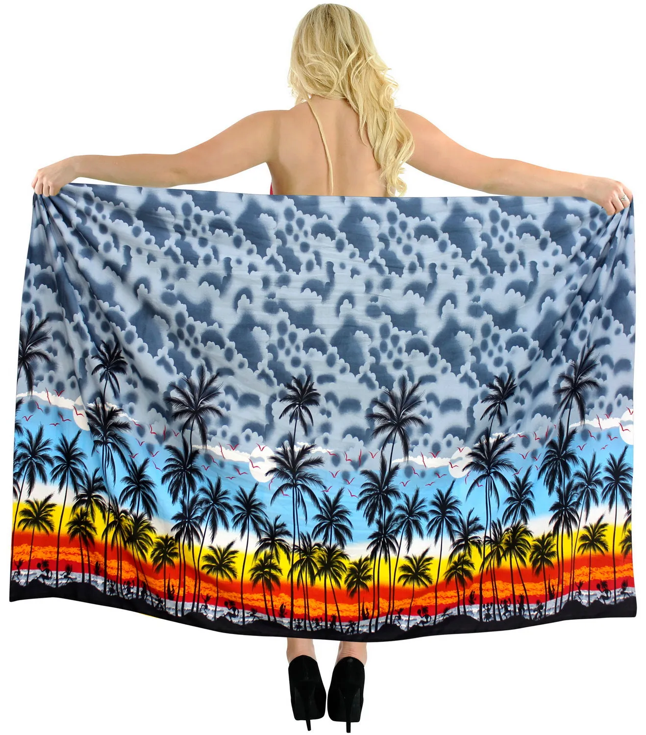 La Leela Swimwear Soft Light Long Swim Tie Slit Skirt  Swimsuit Sarong Printed 88"X42" Grey_3064