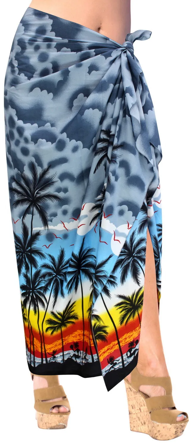 La Leela Swimwear Soft Light Long Swim Tie Slit Skirt  Swimsuit Sarong Printed 88"X42" Grey_3064