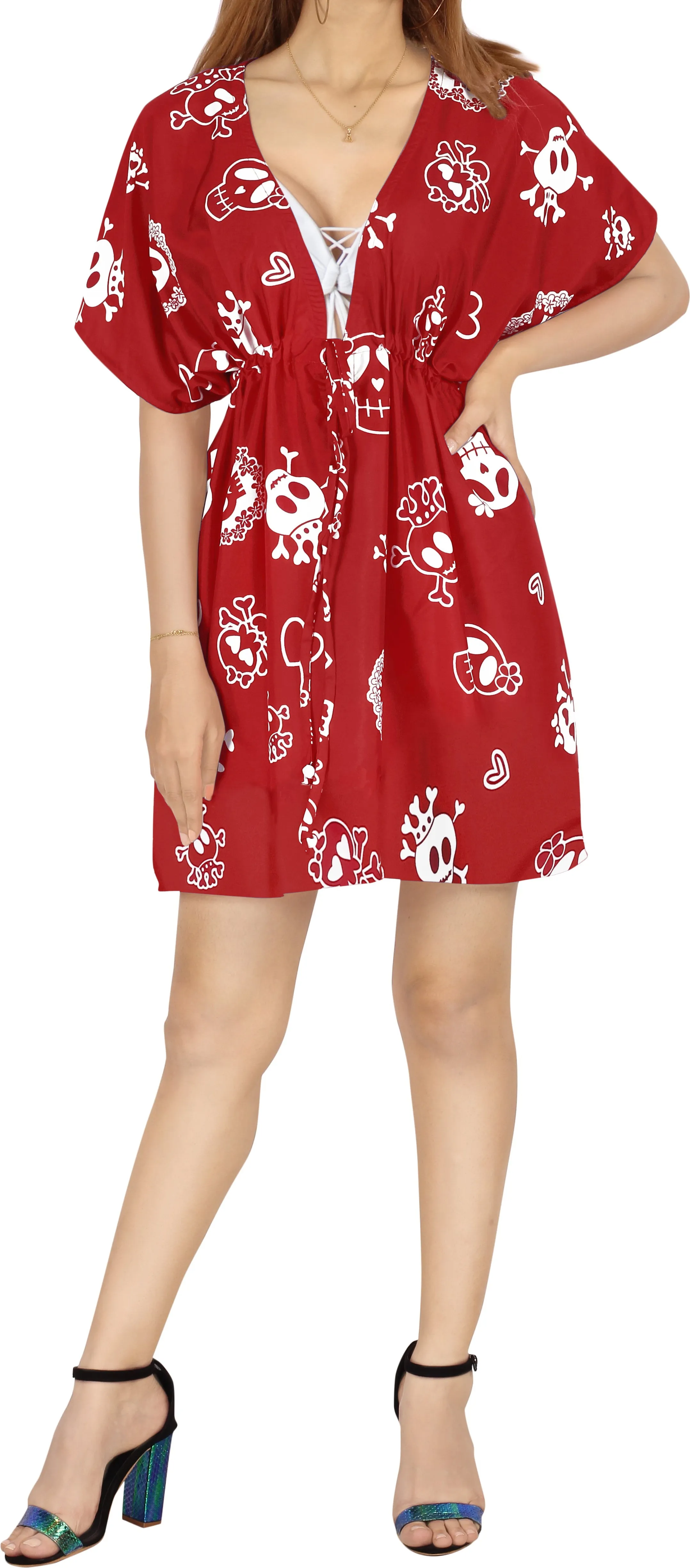La Leela Women's Halloween Skull Cross & Pirates Scary Printed Red Bikini Cover up