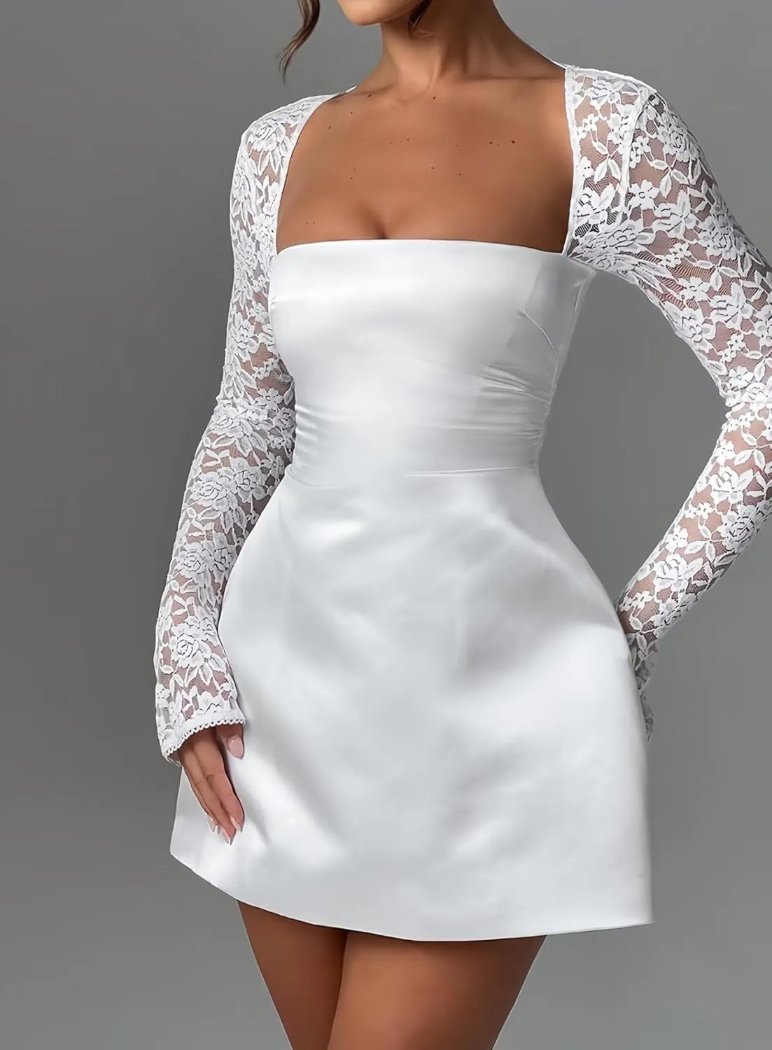 Long Sleeve Mini Wedding Dress Lace Short Homecoming Dresses Satin Cocktail Party Dress
