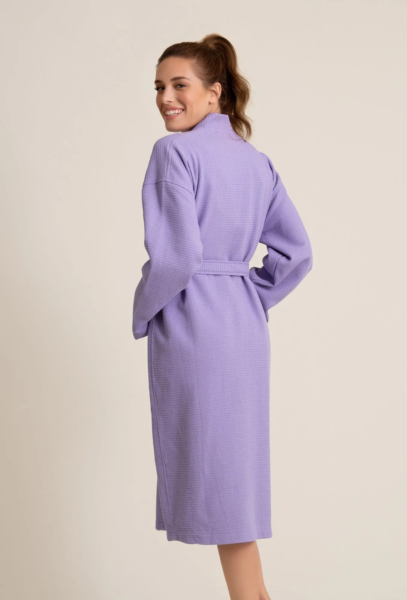 Luxurious 100% Cotton Women's Waffle Robe. Long, Lightweight Lavendar