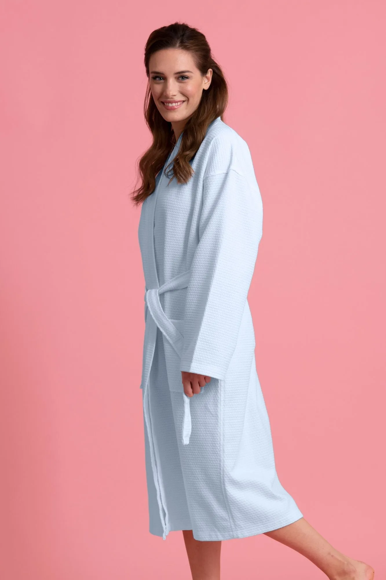 Luxurious 100% Cotton Women's Waffle Robe. Long, Lightweight Light Blue
