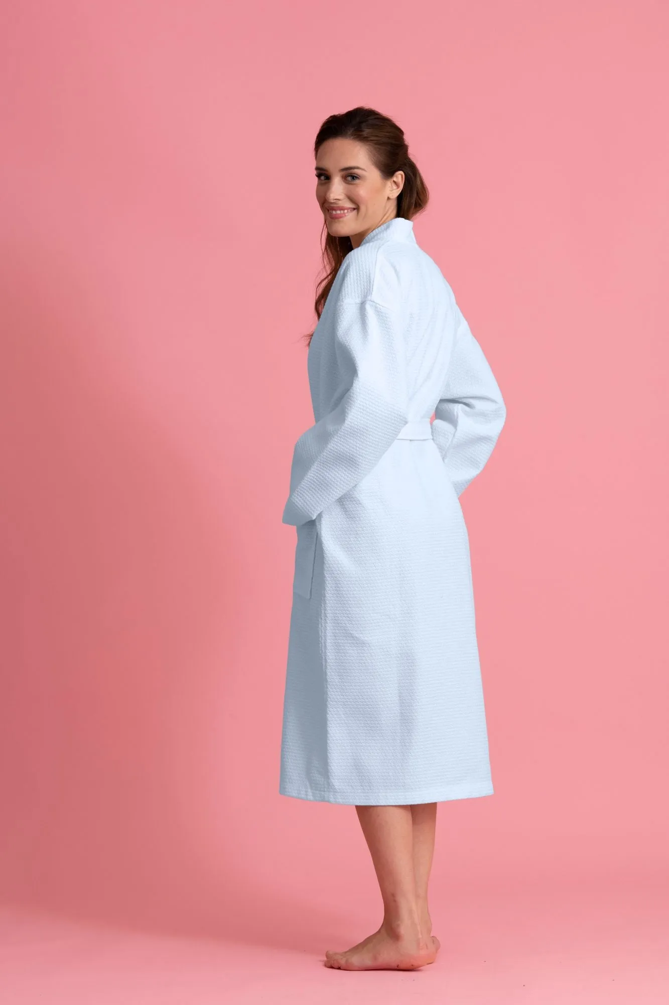 Luxurious 100% Cotton Women's Waffle Robe. Long, Lightweight Light Blue