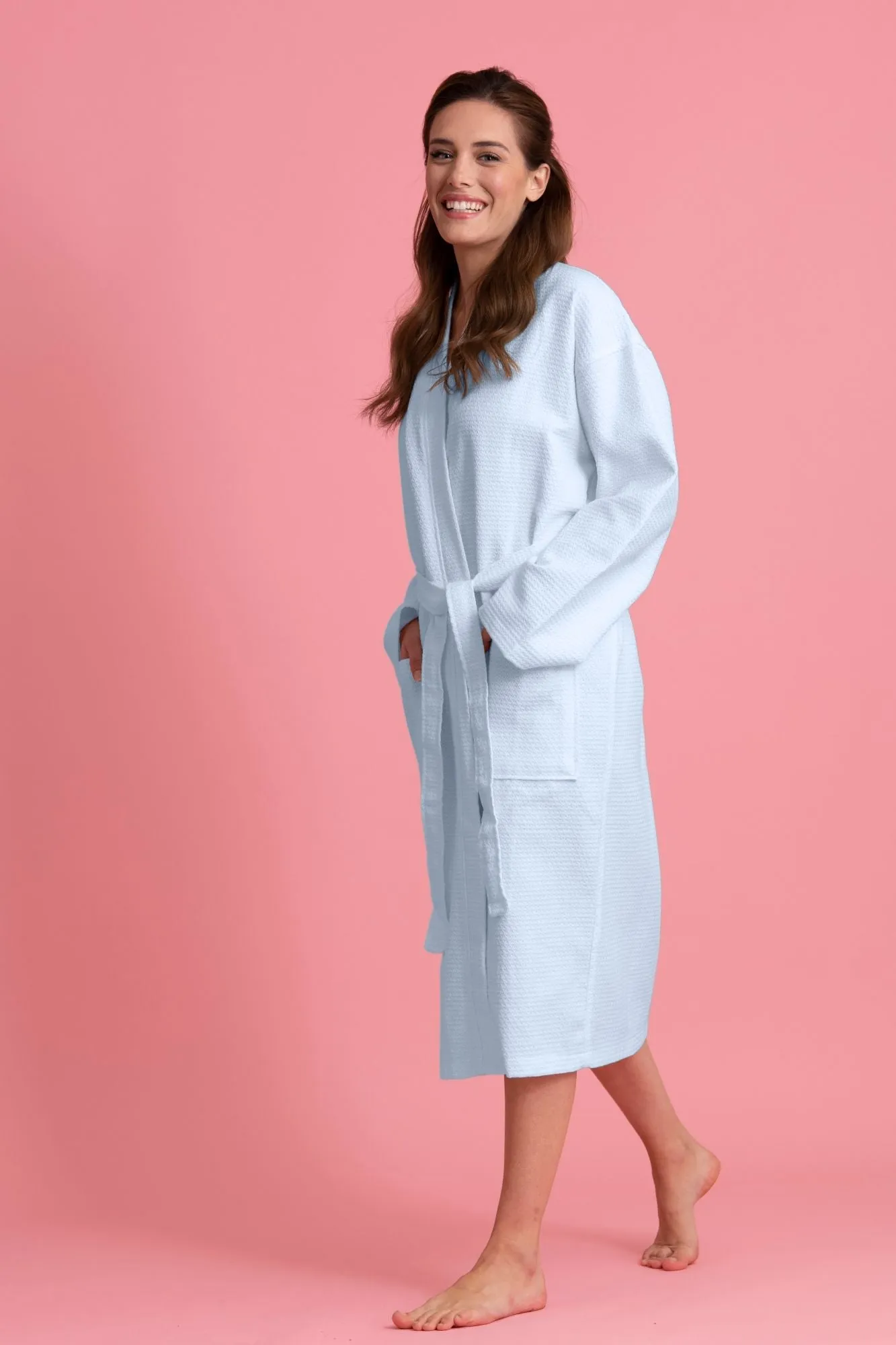 Luxurious 100% Cotton Women's Waffle Robe. Long, Lightweight Light Blue