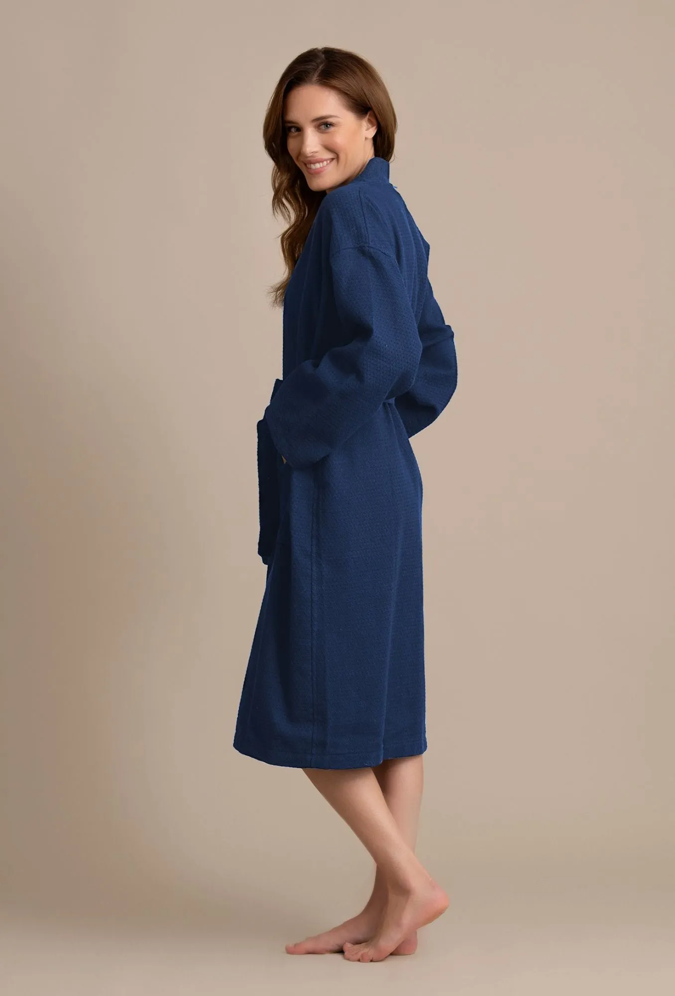 Luxurious 100% Cotton Women's Waffle Robe. Long, Lightweight Navy