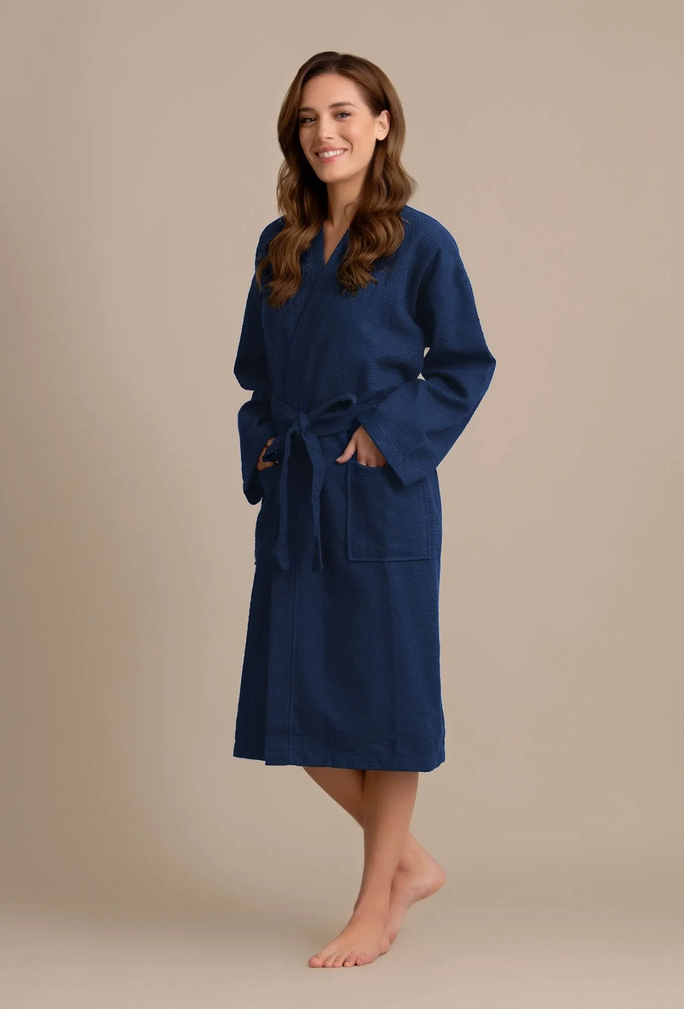 Luxurious 100% Cotton Women's Waffle Robe. Long, Lightweight Navy