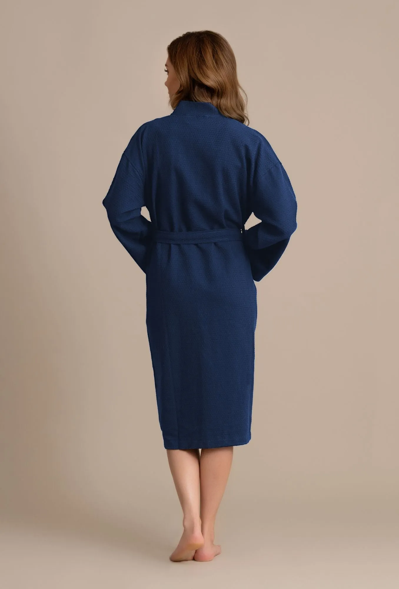Luxurious 100% Cotton Women's Waffle Robe. Long, Lightweight Navy