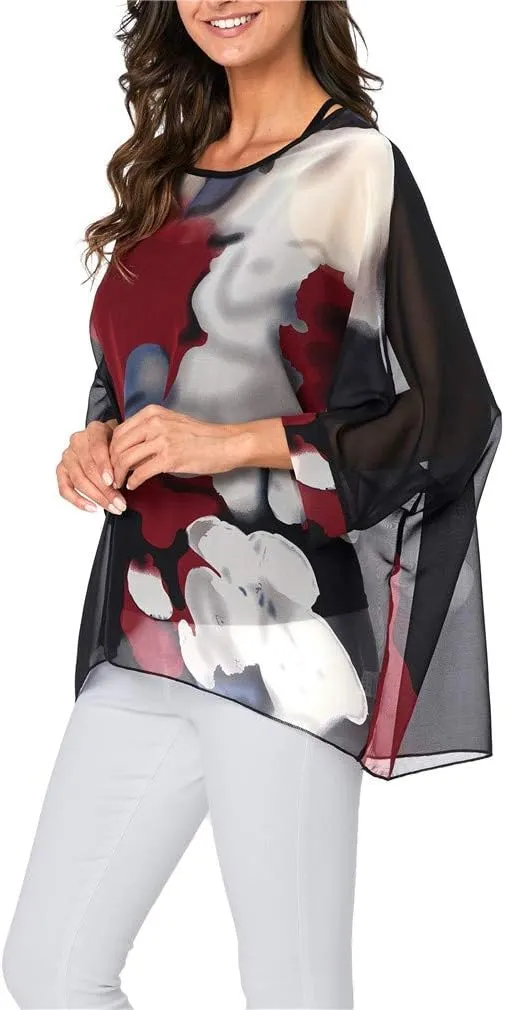 Plus Size Floral Chiffon Batwing Sleeve Tunic Blouse Boho Off-Shoulder Beach Cover Up Loose Summer Tops for Women