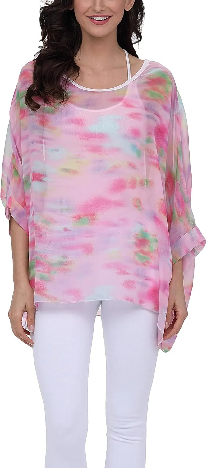 Plus Size Floral Chiffon Batwing Sleeve Tunic Blouse Boho Off-Shoulder Beach Cover Up Loose Summer Tops for Women