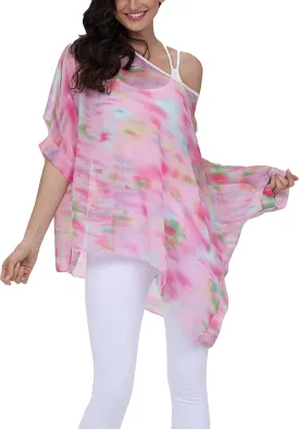 Plus Size Floral Chiffon Batwing Sleeve Tunic Blouse Boho Off-Shoulder Beach Cover Up Loose Summer Tops for Women