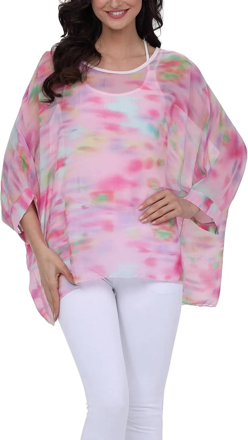 Plus Size Floral Chiffon Batwing Sleeve Tunic Blouse Boho Off-Shoulder Beach Cover Up Loose Summer Tops for Women