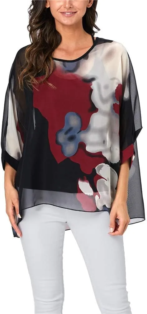 Plus Size Floral Chiffon Batwing Sleeve Tunic Blouse Boho Off-Shoulder Beach Cover Up Loose Summer Tops for Women