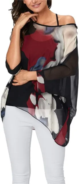 Plus Size Floral Chiffon Batwing Sleeve Tunic Blouse Boho Off-Shoulder Beach Cover Up Loose Summer Tops for Women
