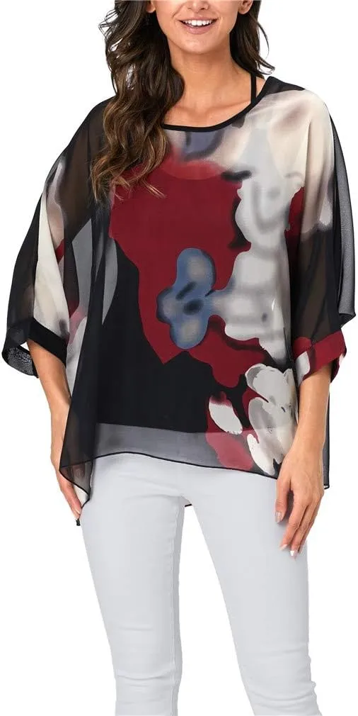 Plus Size Floral Chiffon Batwing Sleeve Tunic Blouse Boho Off-Shoulder Beach Cover Up Loose Summer Tops for Women