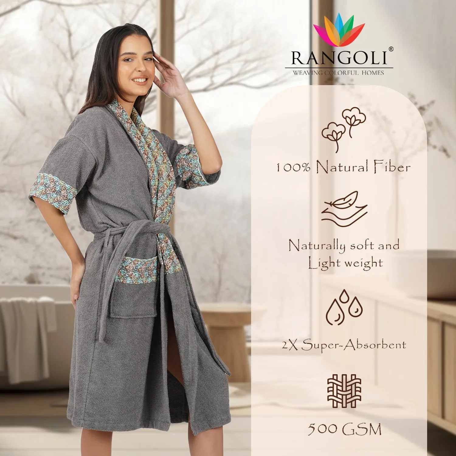 Rangoli Sunshine 500 GSM Cotton Bathrobe For  Women