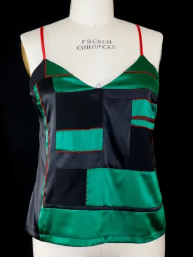 Red, Black, and Green Patchwork Stretch Silk Camisole with Beading