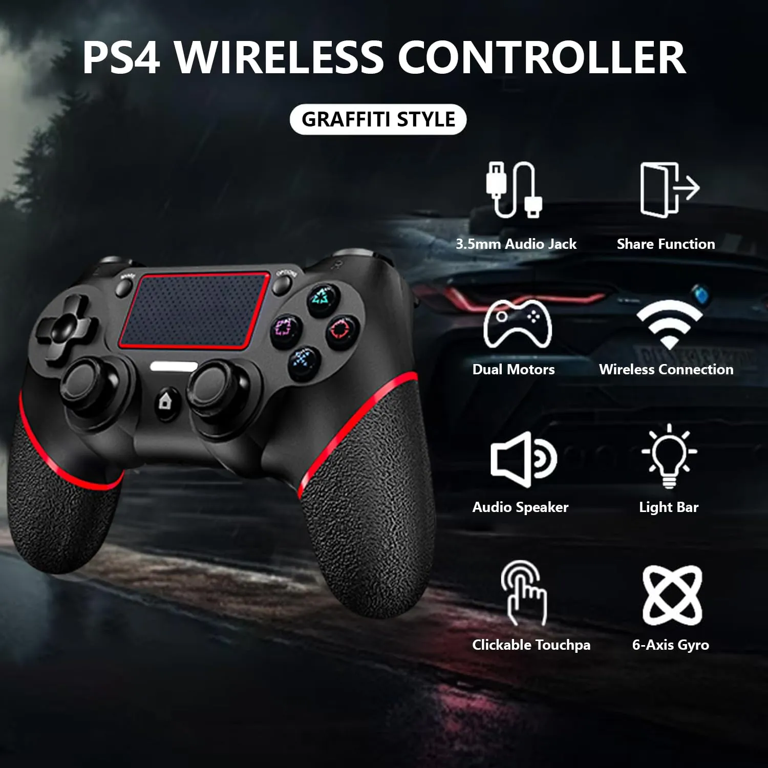 SZYUYU Wireless Controller for Ps4 Romote Compatible with Ps4/Slim/Pro/Windows PC, Controller for Ps4 with 3.5mm Audio Jack, Touch Pad,Six Axis Motion Control, Charging Cable(BLACK RED)