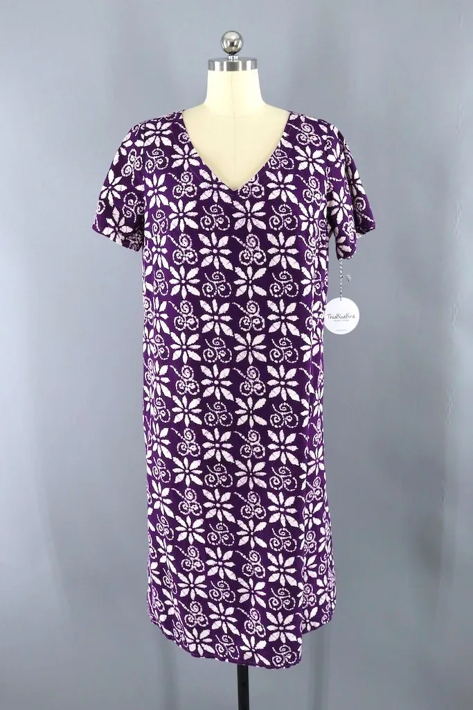Vintage Purple Batik Cotton Caftan Dress