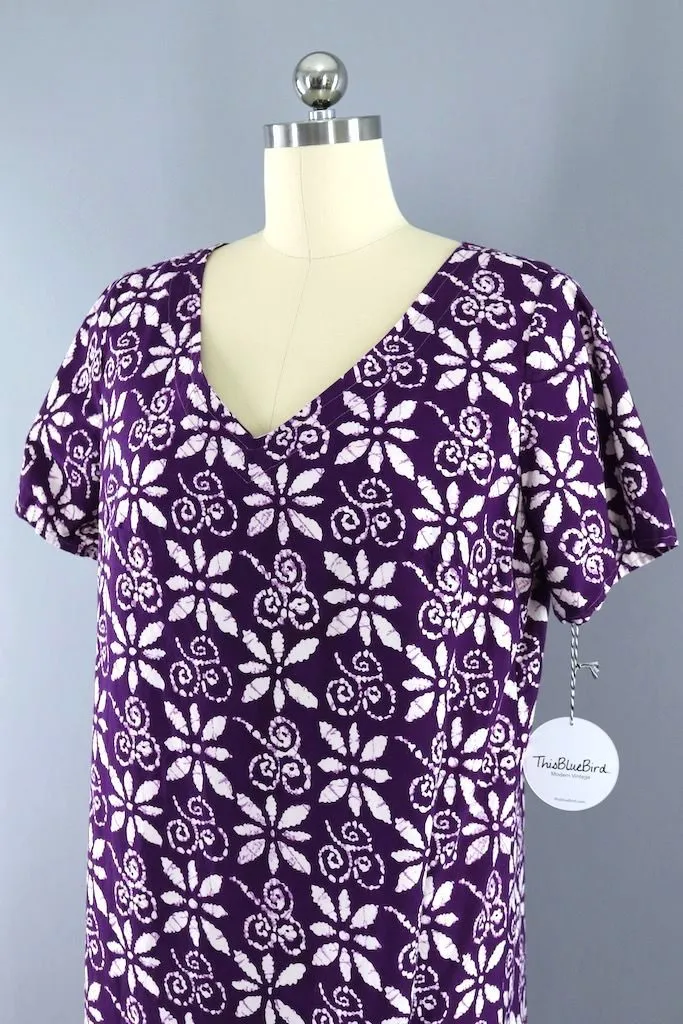 Vintage Purple Batik Cotton Caftan Dress